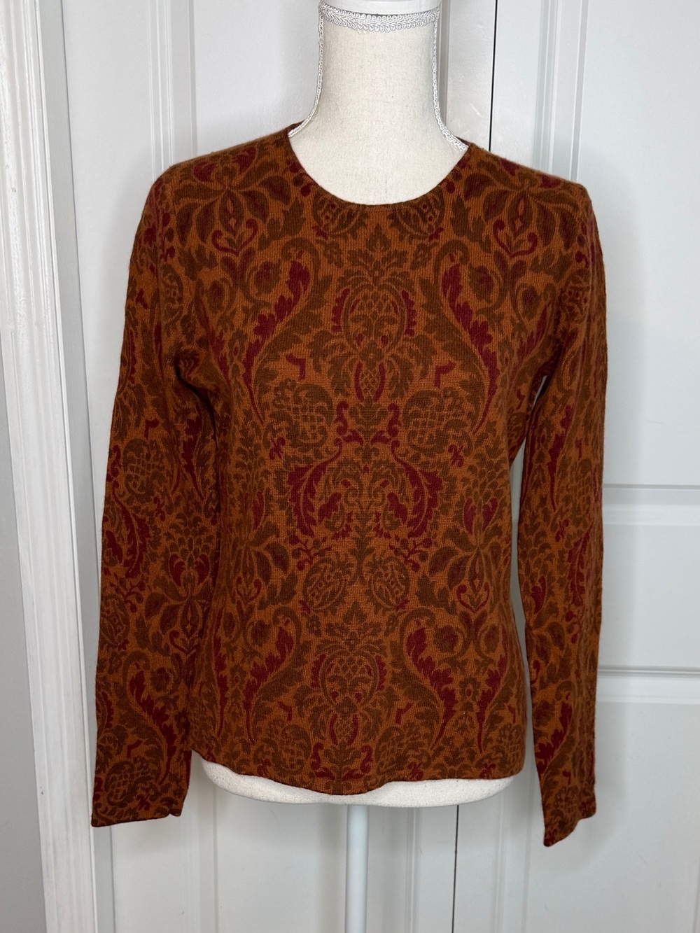 Sarah Spencer VTG Rust Burgundy Floral Damask Wool Angora Sweater Medium Fall